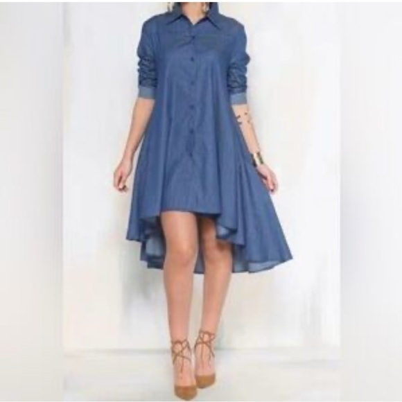 Garcia Chambray Hi-Low Tunic Dress Top Denim Pockets Flowy Lagenlook - Picture 1 of 12
